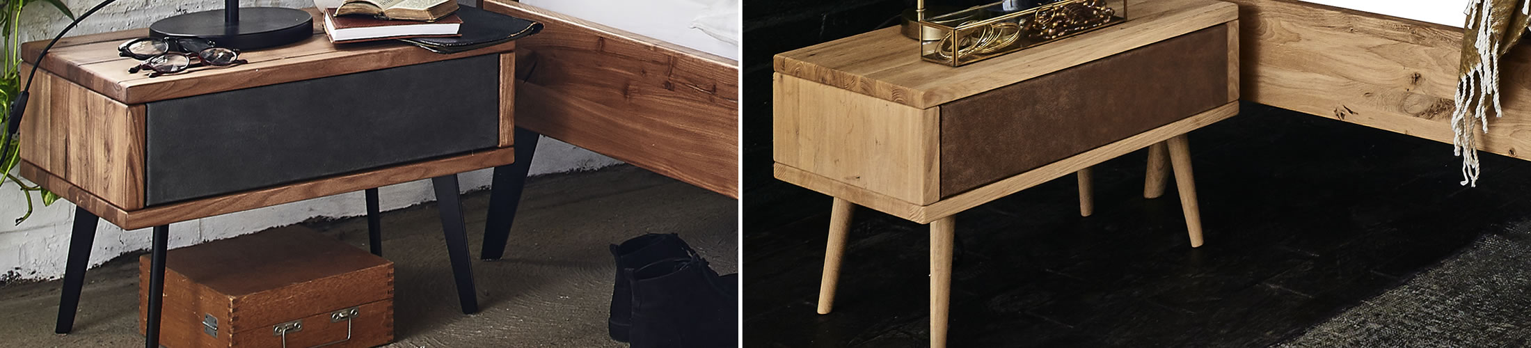 Nachttische aus Massivholz für moderne Betten mit Leder Velour Schubladen-Front