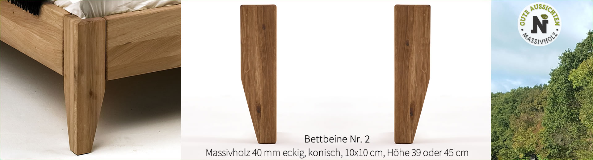 Bettbeine Nr. 2, Massivholz 40 mm eckig, konisch 10x10 cm, Höhe 39 cm, Wildeiche