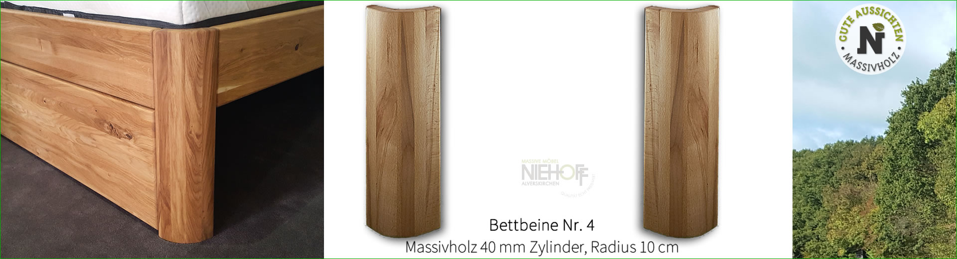 Bettbeine Nr. 3, Massivholz 40 mm rund, Radius 10 cm, Höhe 54 cm