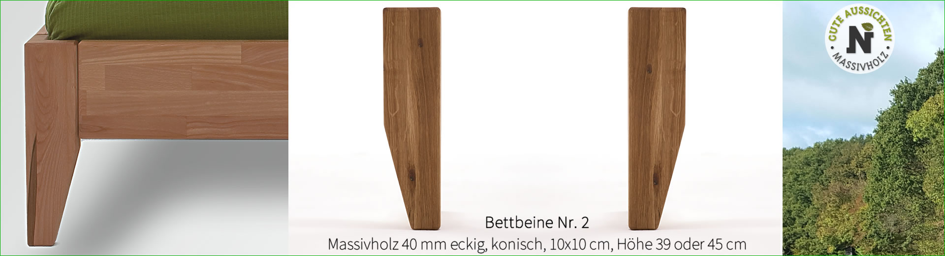 Bettbeine Nr. 2, Massivholz 40 mm eckig, konisch 10x10 cm, Höhe 39 cm, Kernbuche